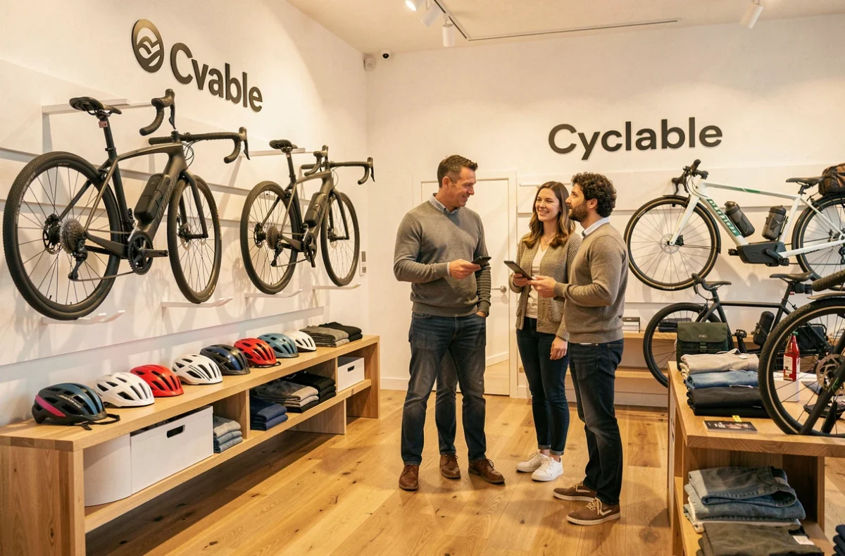 Intérieur de la boutique Cyclable à Nantes avec des vélos électriques haut de gamme exposés et un conseiller aidant des clients