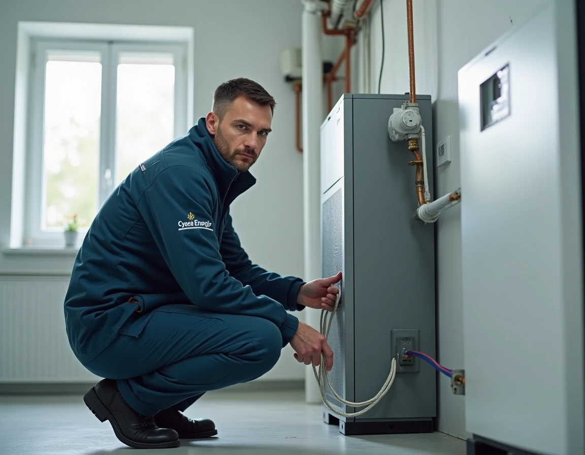Spécialiste de Cynea Énergie raccordant une pompe à chaleur géothermique dans une chaufferie moderne en Normandie