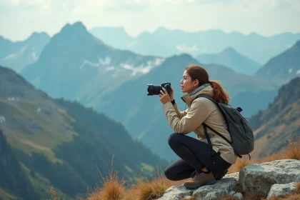 Jeune femme débutante en photographie de paysage tenant un appareil photo mirrorless sur une crête montagneuse avec vue panoramique