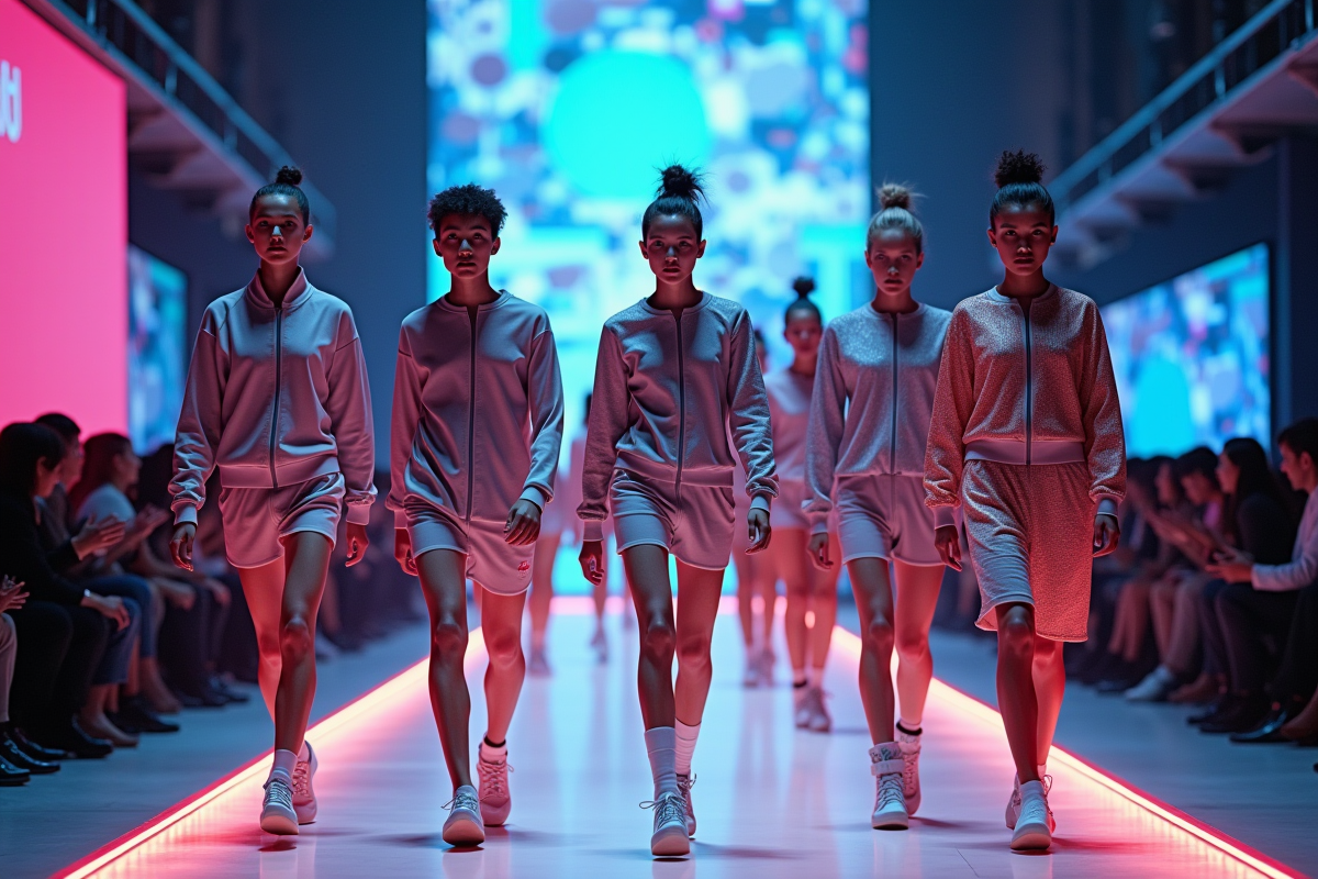 Défilé de mode futuriste avec vêtements innovants et tissus intelligents