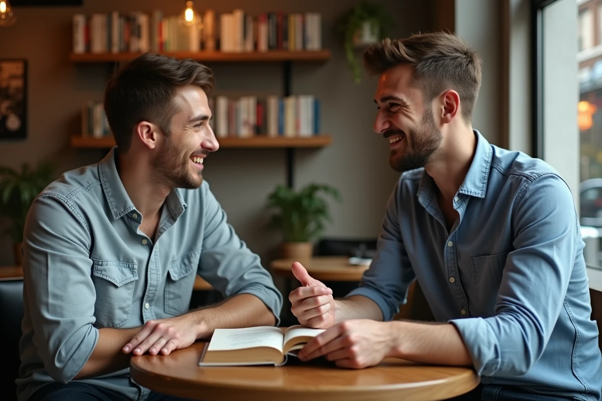 Deux hommes discutant dans un café cosy en ville