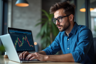 Jeune homme développeur blockchain analysant diagramme sur son ordinateur