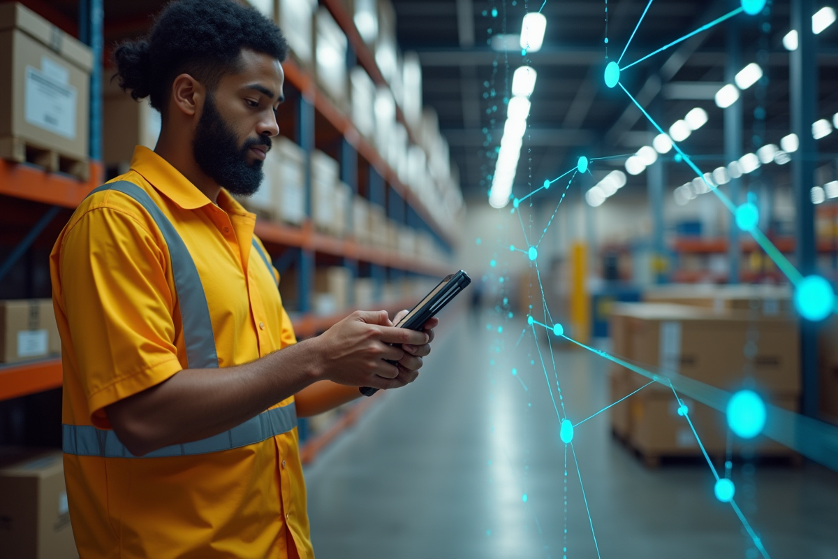 Employé DHL scannant un colis avec réseau blockchain moderne