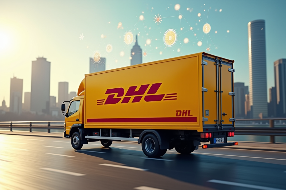 Camion DHL devant la ville avec symboles blockchain flottants