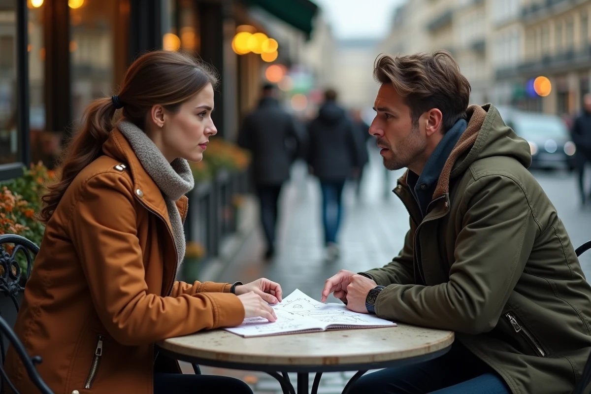 Deux personnes dans un café parisien discutant d'un retournement de situation narratif autour d'un carnet de notes