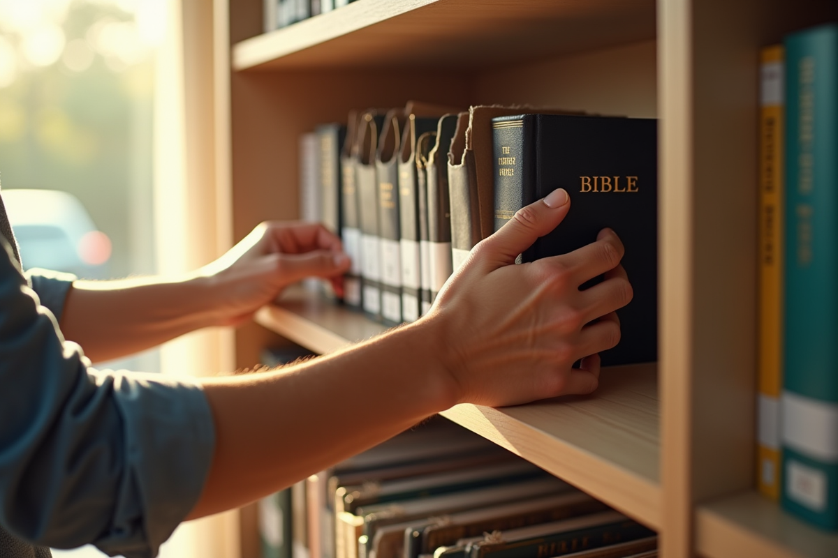 Mains organisant dossiers avec Bible sur étagère lumineuse