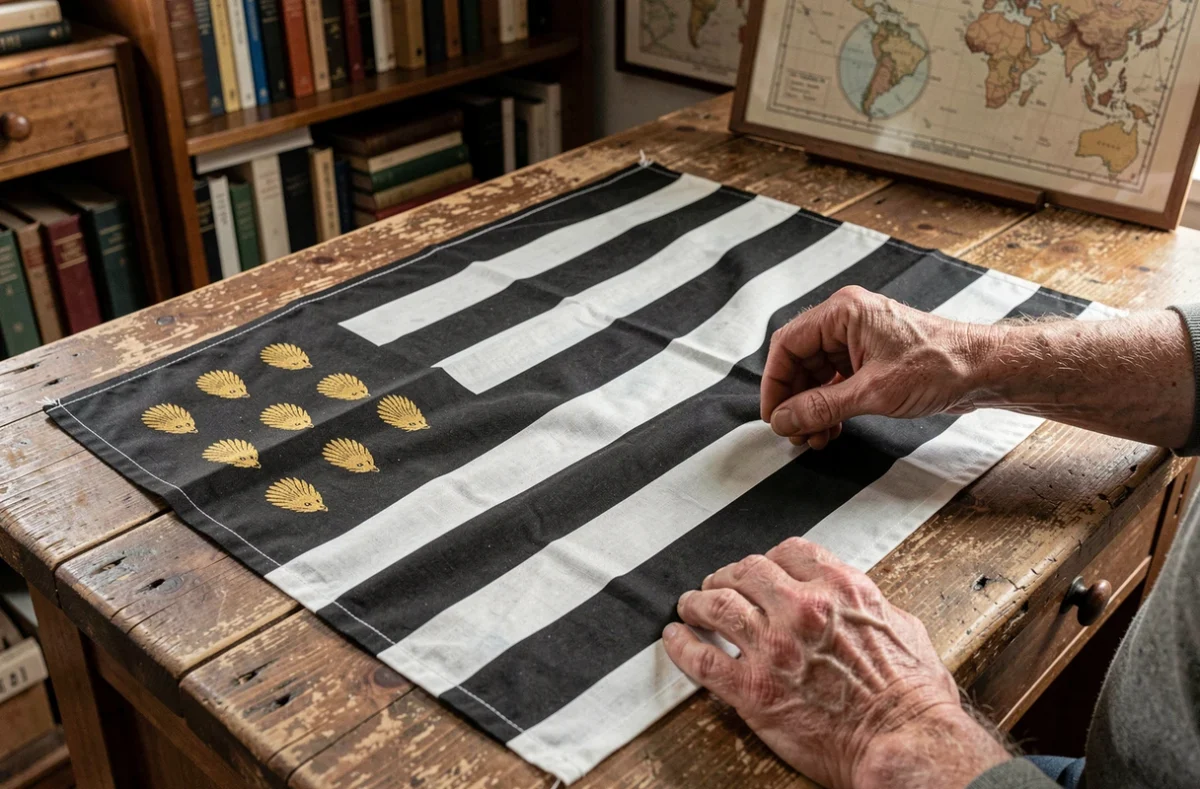 Drapeau breton Gwenn-ha-Du original étalé sur une table en bois avec mains d'expert examinant les hermines et les bandes noires et blanches