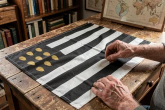 Drapeau breton Gwenn-ha-Du original étalé sur une table en bois avec mains d'expert examinant les hermines et les bandes noires et blanches
