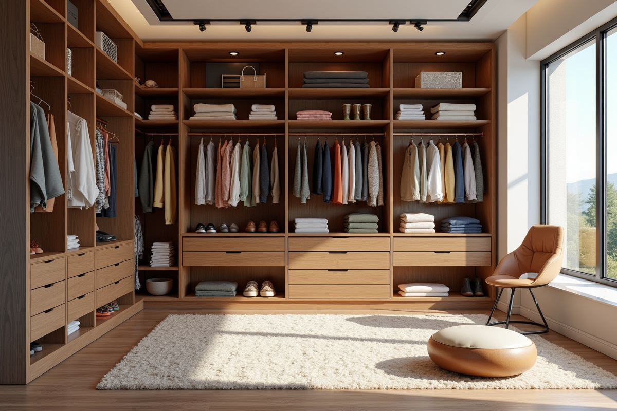 Salle de dressing élégante avec étagères en bois et vêtements colorés