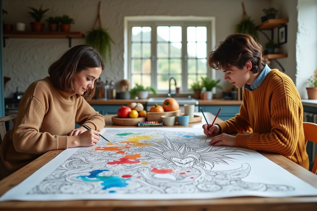 Deux coloristes adultes travaillant ensemble sur un grand poster Dragon Ball Z complexe avec aquarelles dans une cuisine campagnarde