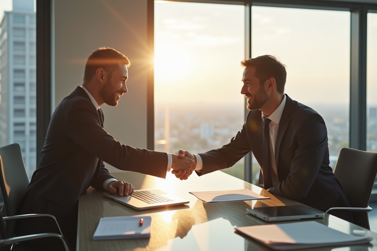 Professionnel d'affaires serrant la main d'un investisseur dans un bureau lumineux