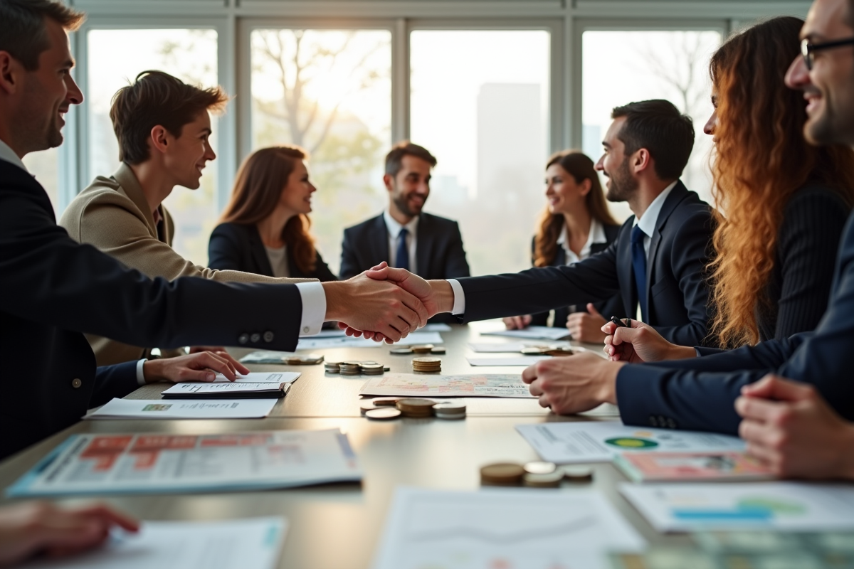 Groupe de professionnels échangeant des devises dans une salle moderne