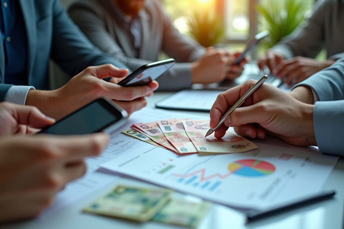 Mains tenant des devises et un smartphone avec taux de change