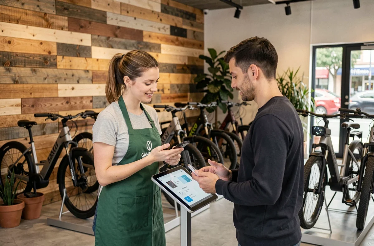 Boutique Ecox à Nantes avec un intérieur écoresponsable, des vélos électriques urbains exposés et une conseillère expliquant les fonctionnalités à un client