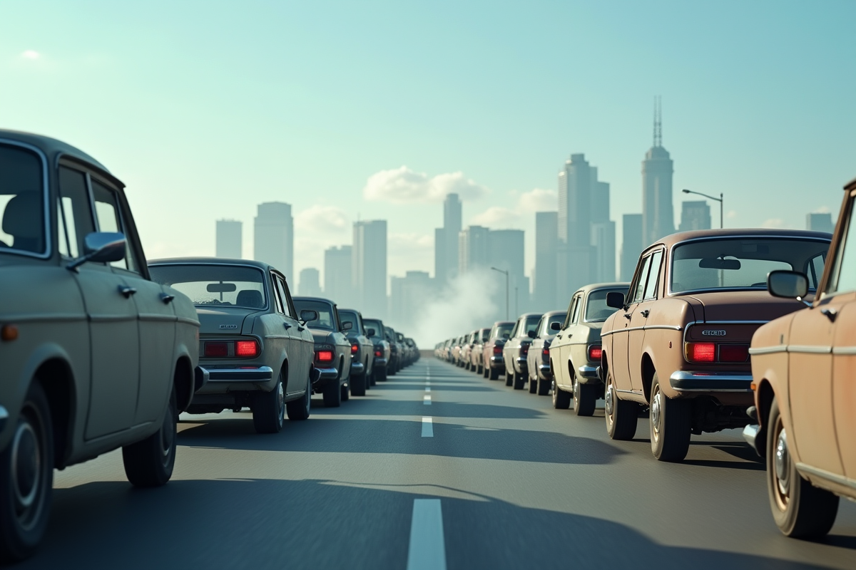 Embouteillage de voitures diesel anciennes avec fumée visible en ville