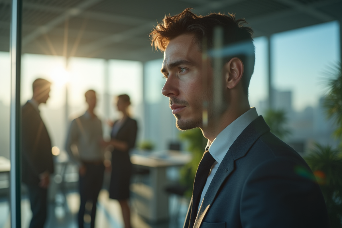 Employé contemplant par la vitre dans un bureau ensoleille