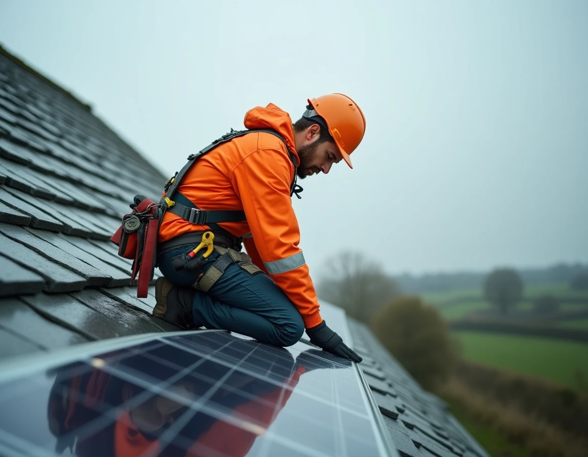Technicien d'Energies Toitures installant des panneaux solaires thermiques sur un toit en ardoise normand sous un ciel couvert