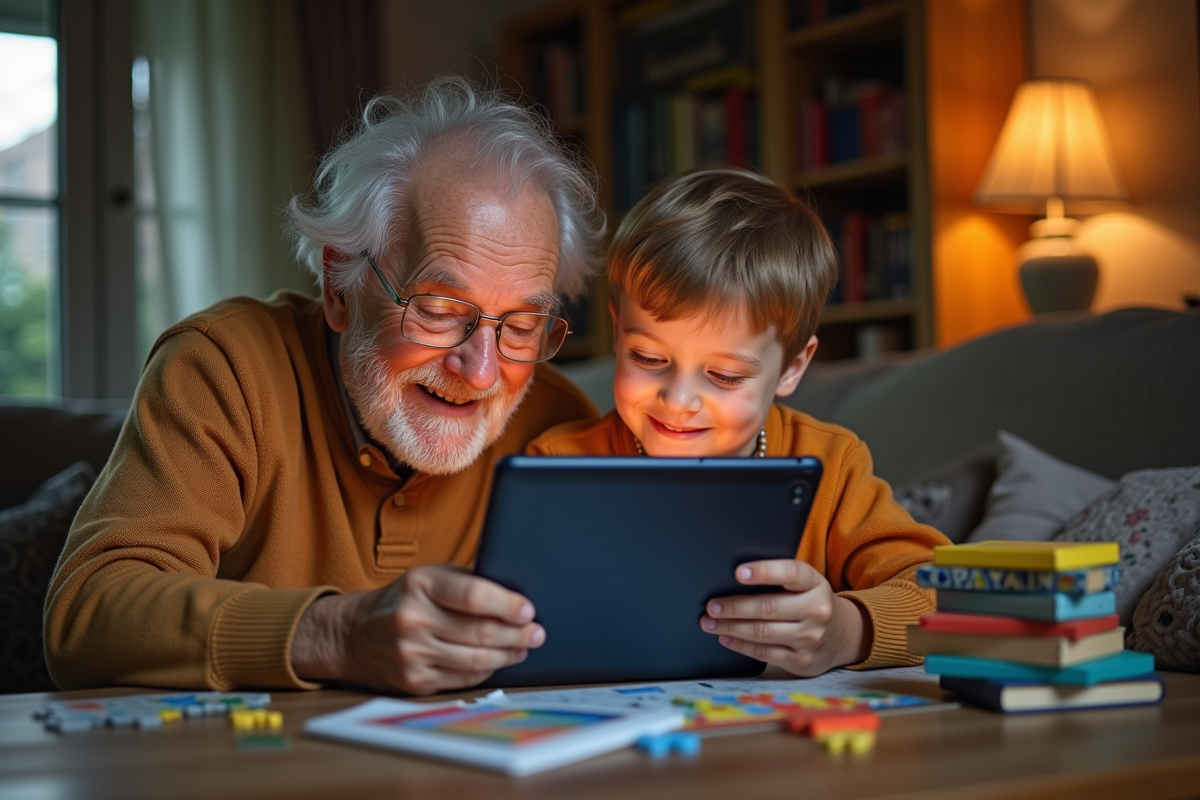 Enfant et personne agee jouant avec une tablette