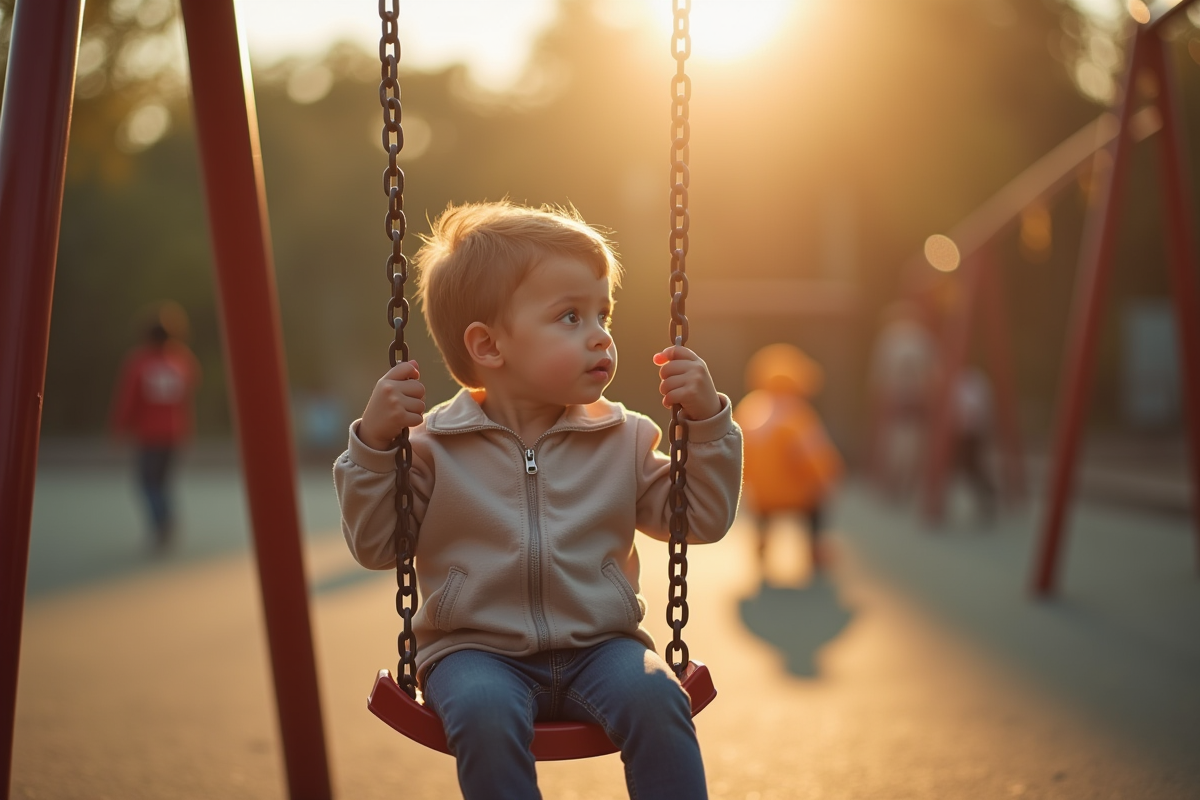 Jeune enfant seul sur une balançoire en plein air