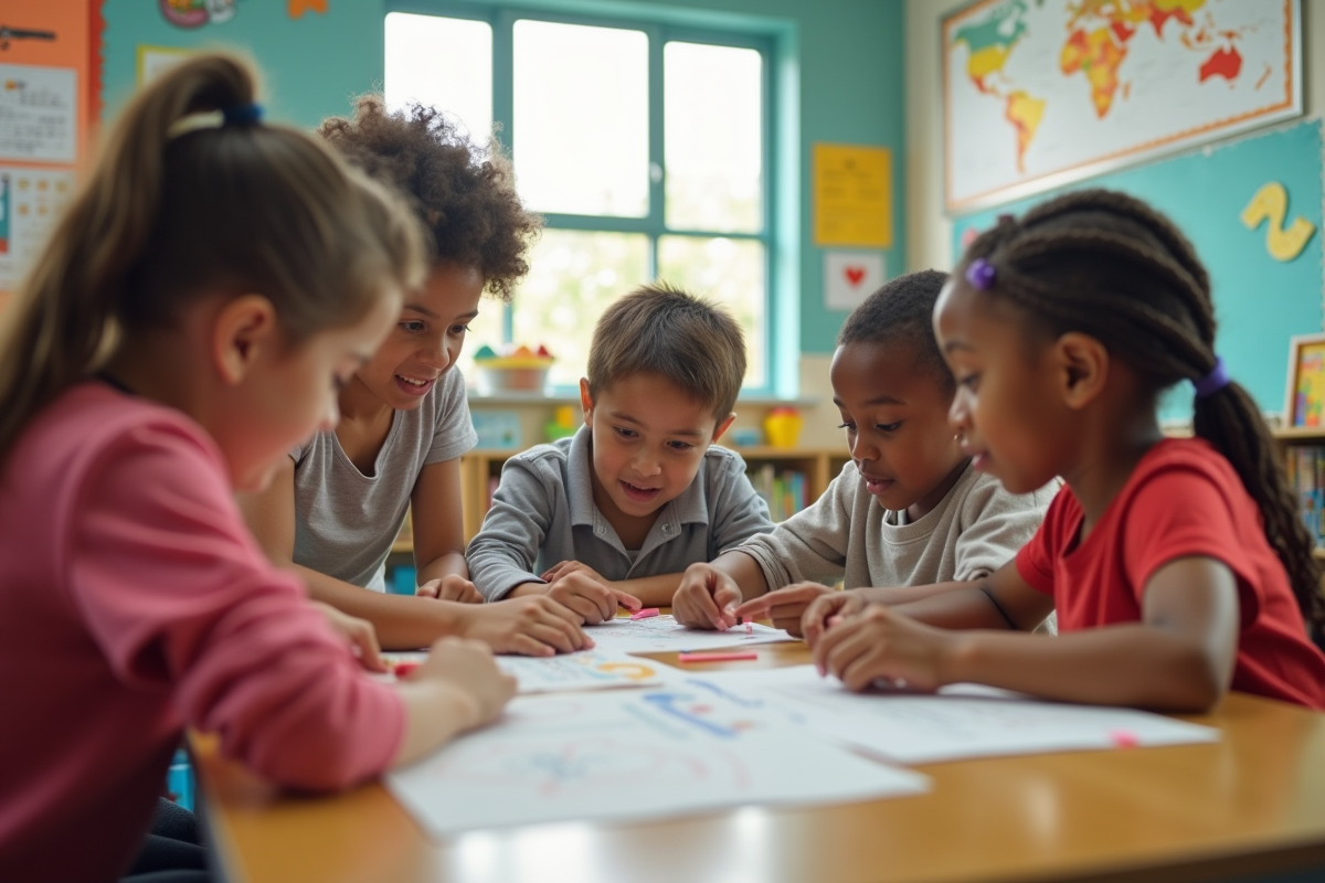 Groupe d'enfants inclusifs en classe avec enseignant
