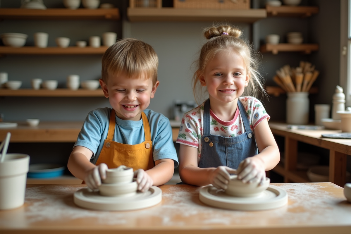 Deux enfants façonnent de la pâte à modeler en atelier chaleureux