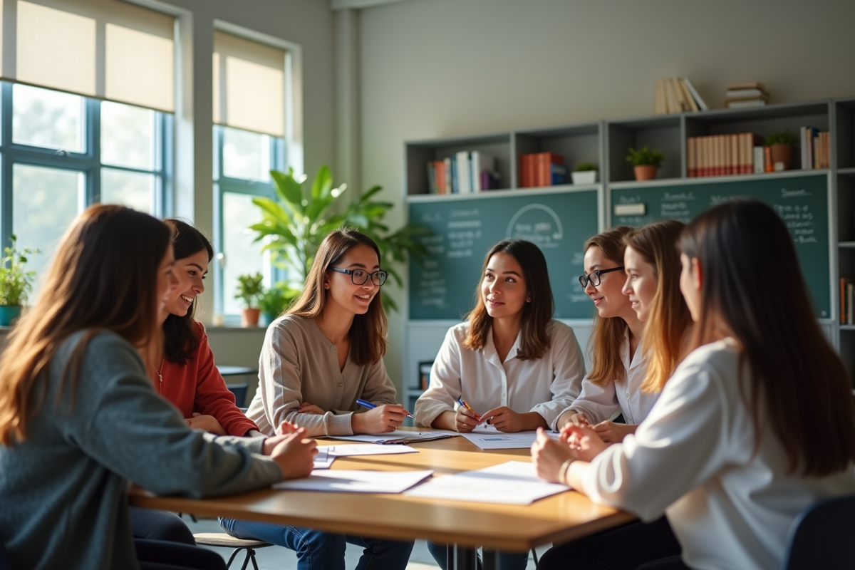 Enseignants multiculturels discutant en salle de personnel
