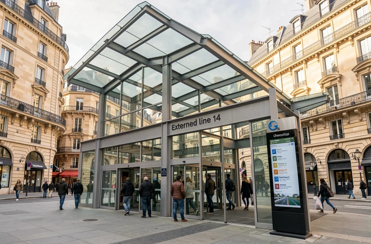 Entrée de la nouvelle station du prolongement sud de la ligne 14 dans la banlieue parisienne