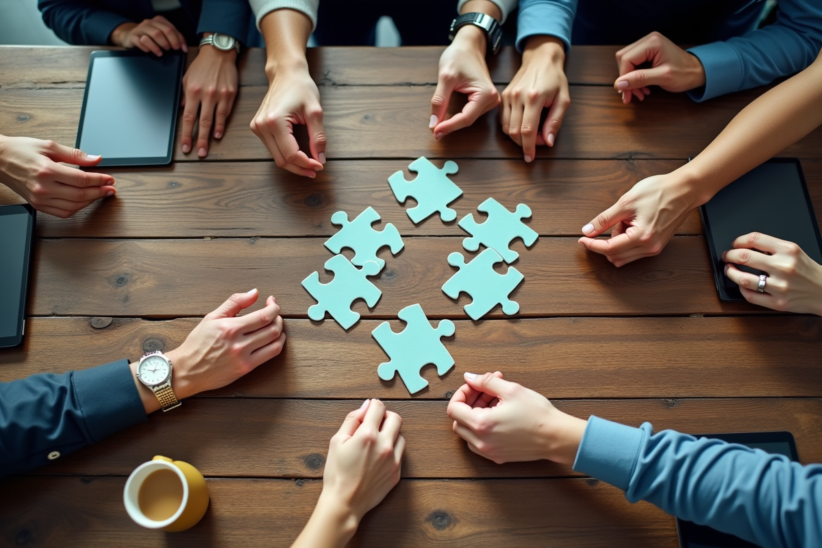 Groupe de mains assemblant un puzzle pour la strategie d