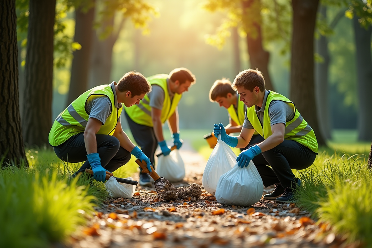Groupe de personnes nettoyant un parc urbain avec des gants et gilets écologiques