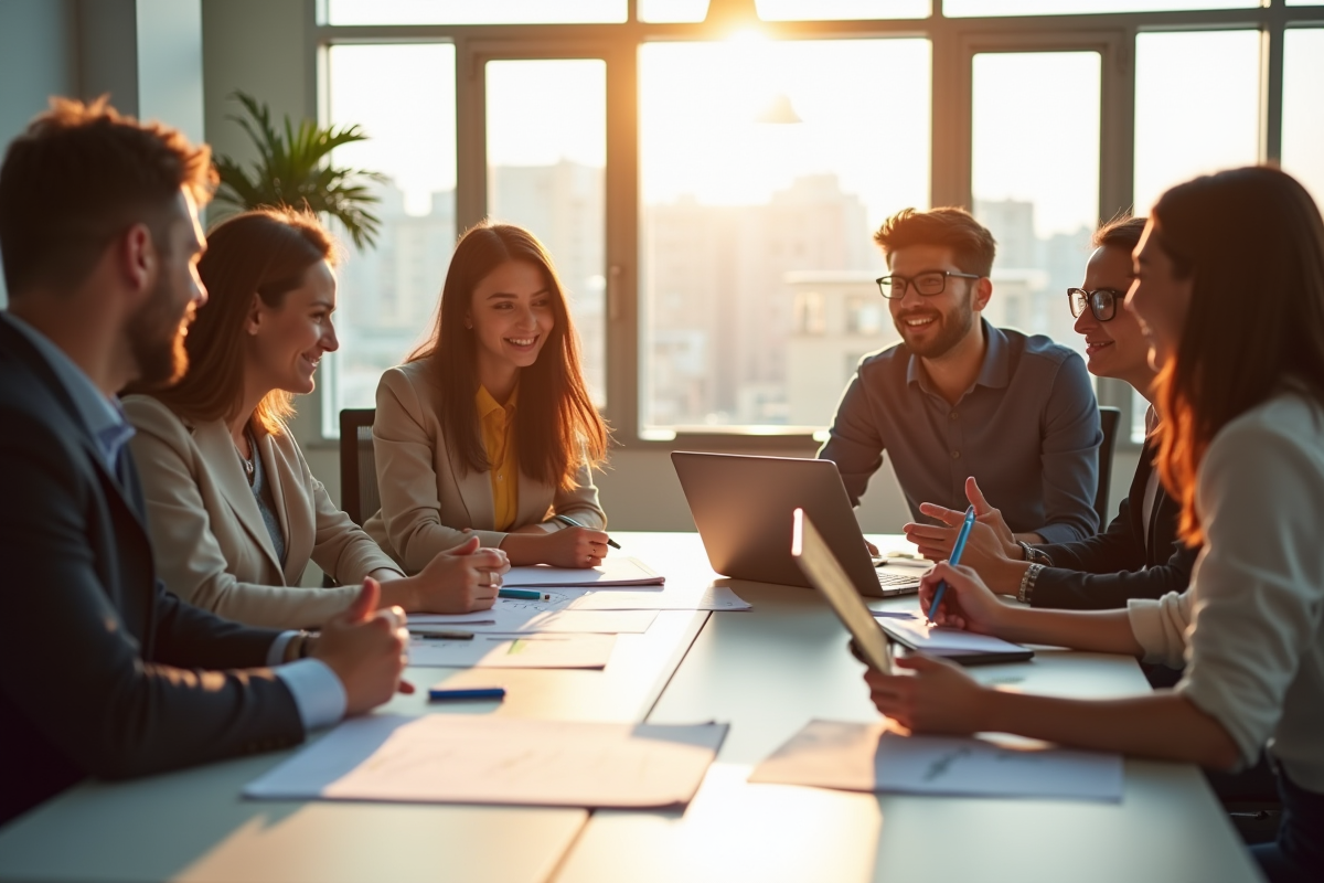 Groupe de professionnels en réunion de travail dynamique