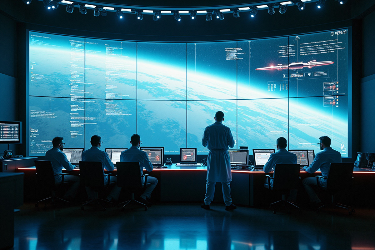 Scientifiques dans une salle de contrôle en crise spatiale