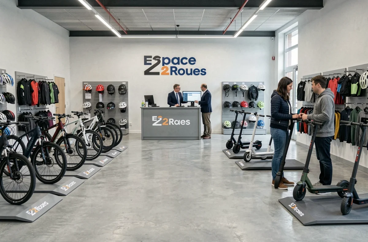 Grand showroom d'Espace 2 Roues à Angers présentant des vélos électriques et des scooters électriques avec un conseiller au comptoir de service