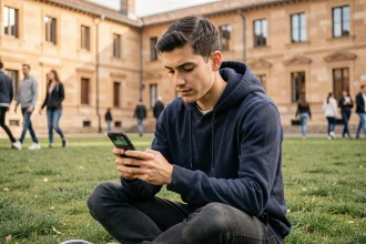 Étudiant consultant les horaires de prière sur son smartphone sur un campus universitaire de Toulouse