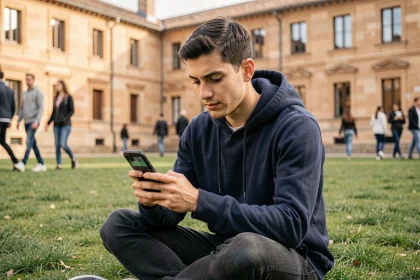 Étudiant consultant les horaires de prière sur son smartphone sur un campus universitaire de Toulouse
