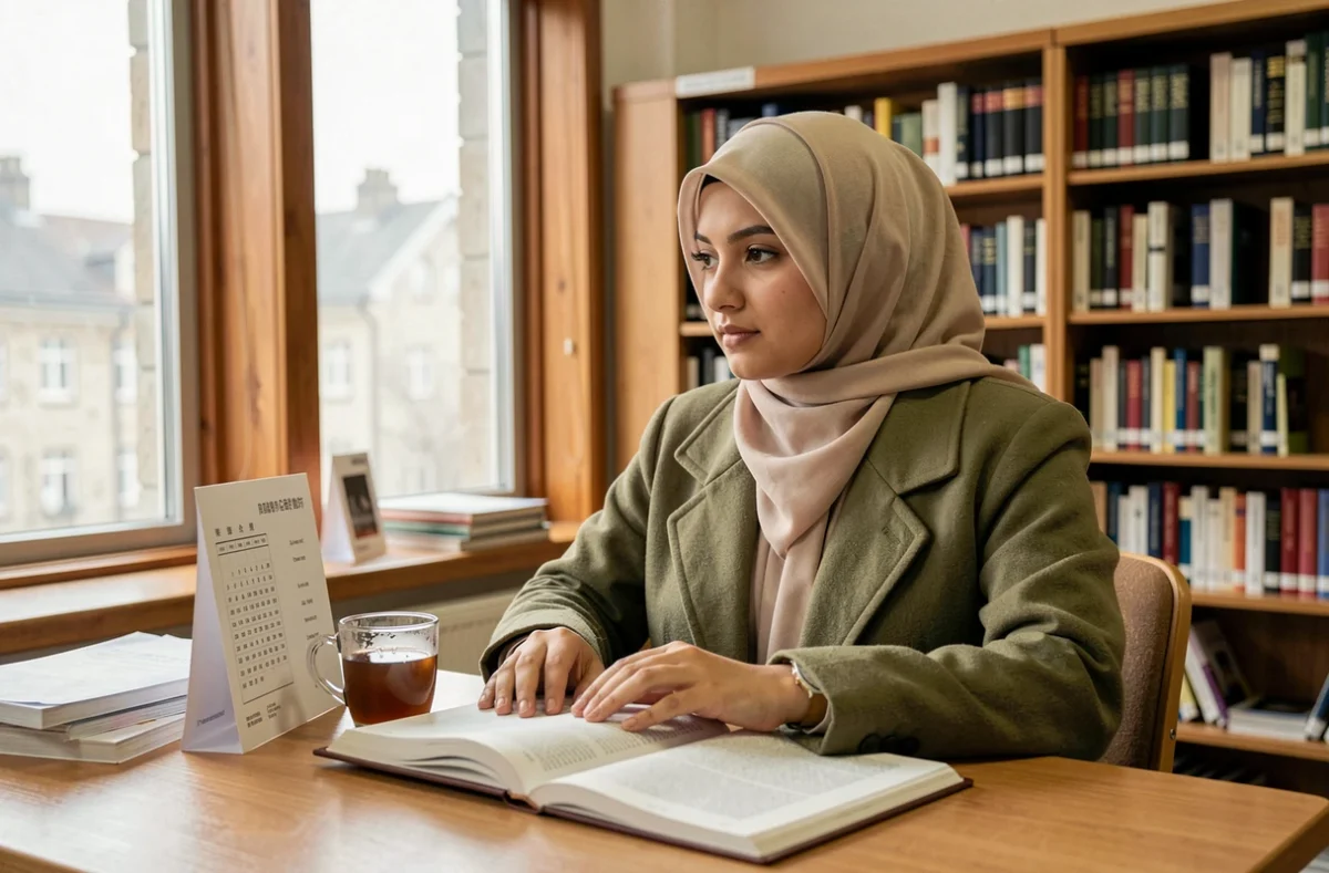 Étudiante en hijab consultant un planning de prières dans une bibliothèque universitaire à Toulouse