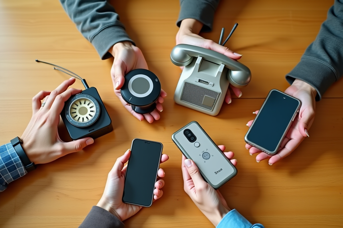 Quatre mains tenant des appareils technologiques variés