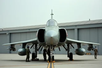 F-4 Phantom II de l'OTAN sur le tarmac d'une base aérienne militaire avec techniciens au sol effectuant une inspection