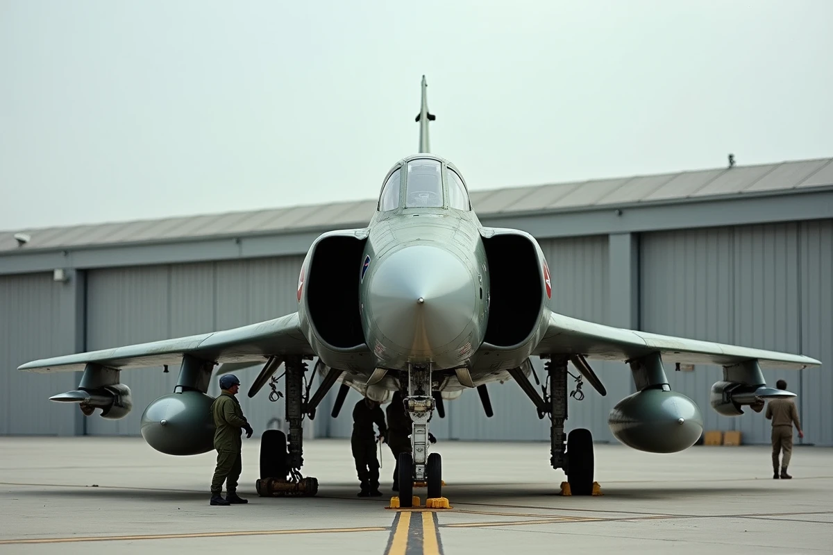 F-4 Phantom II de l'OTAN sur le tarmac d'une base aérienne militaire avec techniciens au sol effectuant une inspection