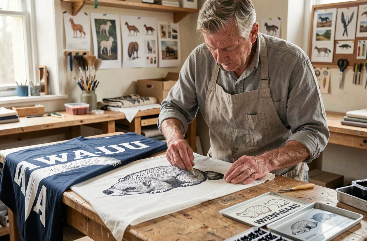 Artisan sérigraphiant les hermines du drapeau breton sur tissu blanc dans un atelier de fabrication textile traditionnel
