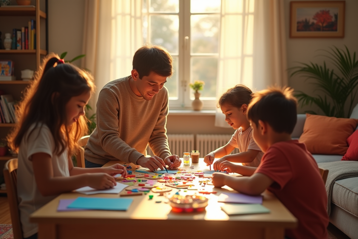 Famille créant des arts et crafts dans un salon chaleureux