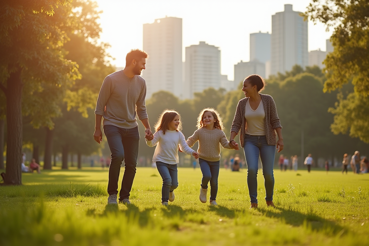 Famille multiculturelle jouant dans un parc ensoleille