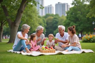 Famille multigenerations riant dans un parc en plein air