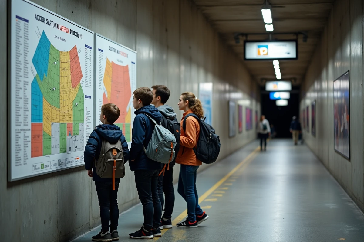 Famille de quatre personnes consultant le plan des secteurs de l'Accor Arena dans un couloir intérieur de la salle