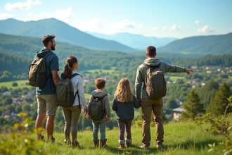 Famille de quatre sur une colline verdoyante avec vue sur la vallée