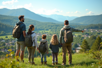 Famille de quatre sur une colline verdoyante avec vue sur la vallée