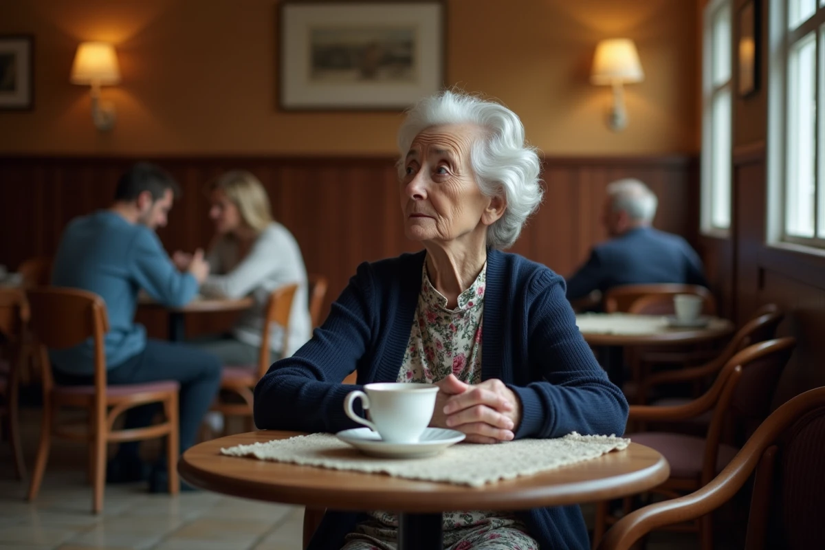 Femme âgée seule à une table de café face à une chaise vide, tasse de thé non consommée, symbolisant la solitude et le manque d'un être cher