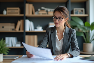 Femme architecte examinant des plans dans un bureau moderne