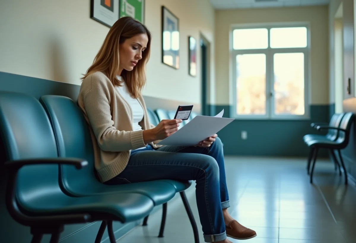 Femme d'âge moyen en attente dans un hall institutionnel