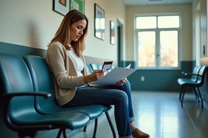 Femme d'&acirc;ge moyen en attente dans un hall institutionnel