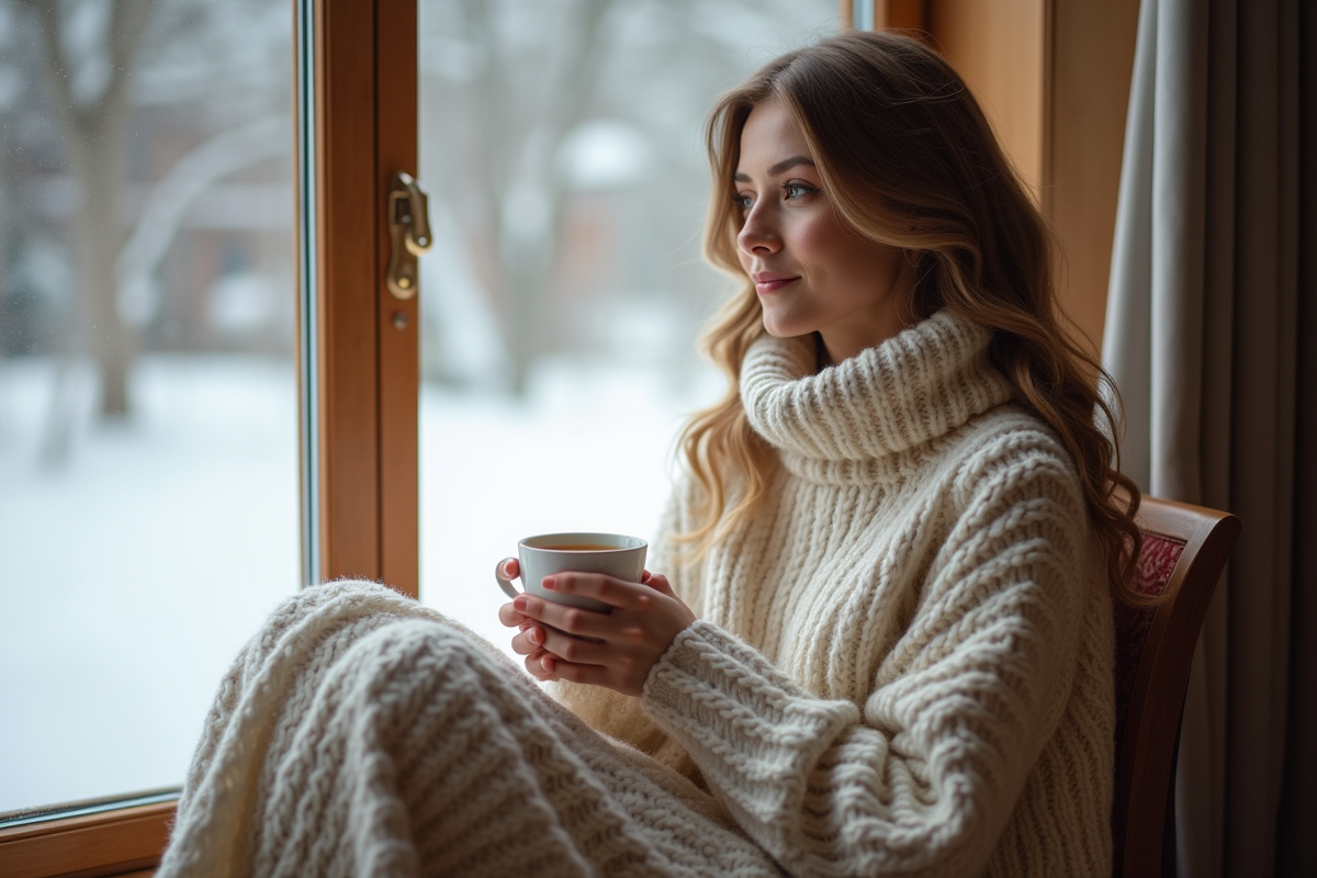 Femme assise près de la fenêtre en hiver avec une tasse